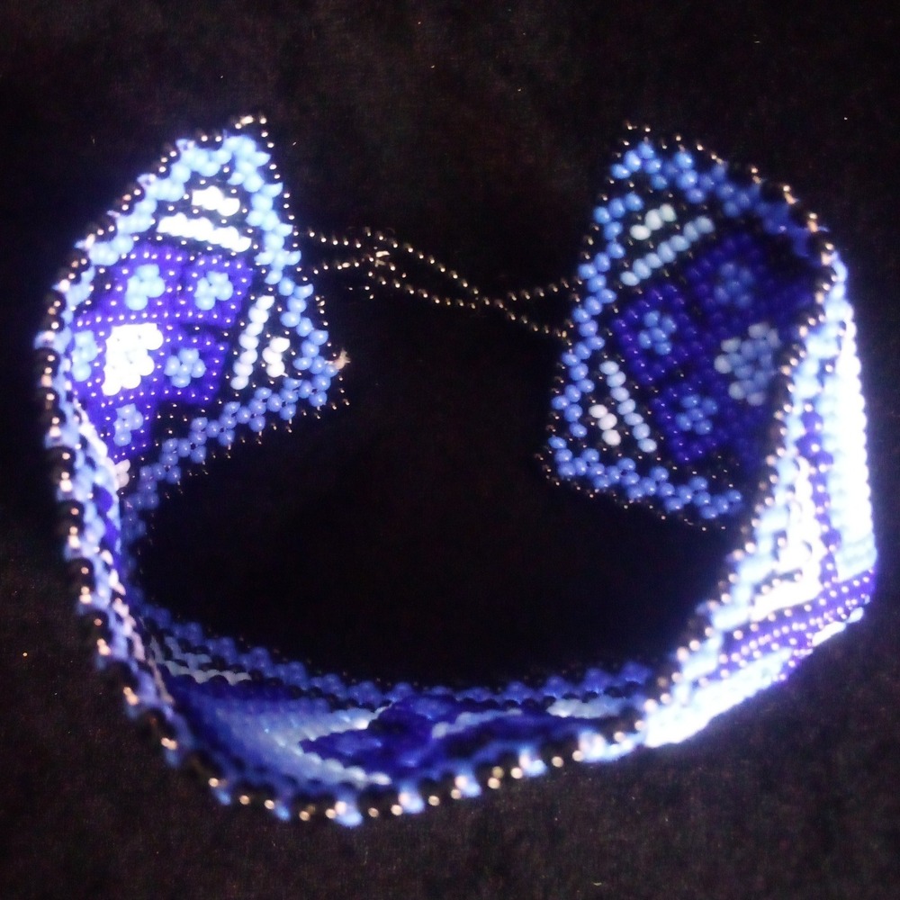 Handmade Blue White Geometric Seed Bead Wide Cuff Bracelet Boho Tribal Style
